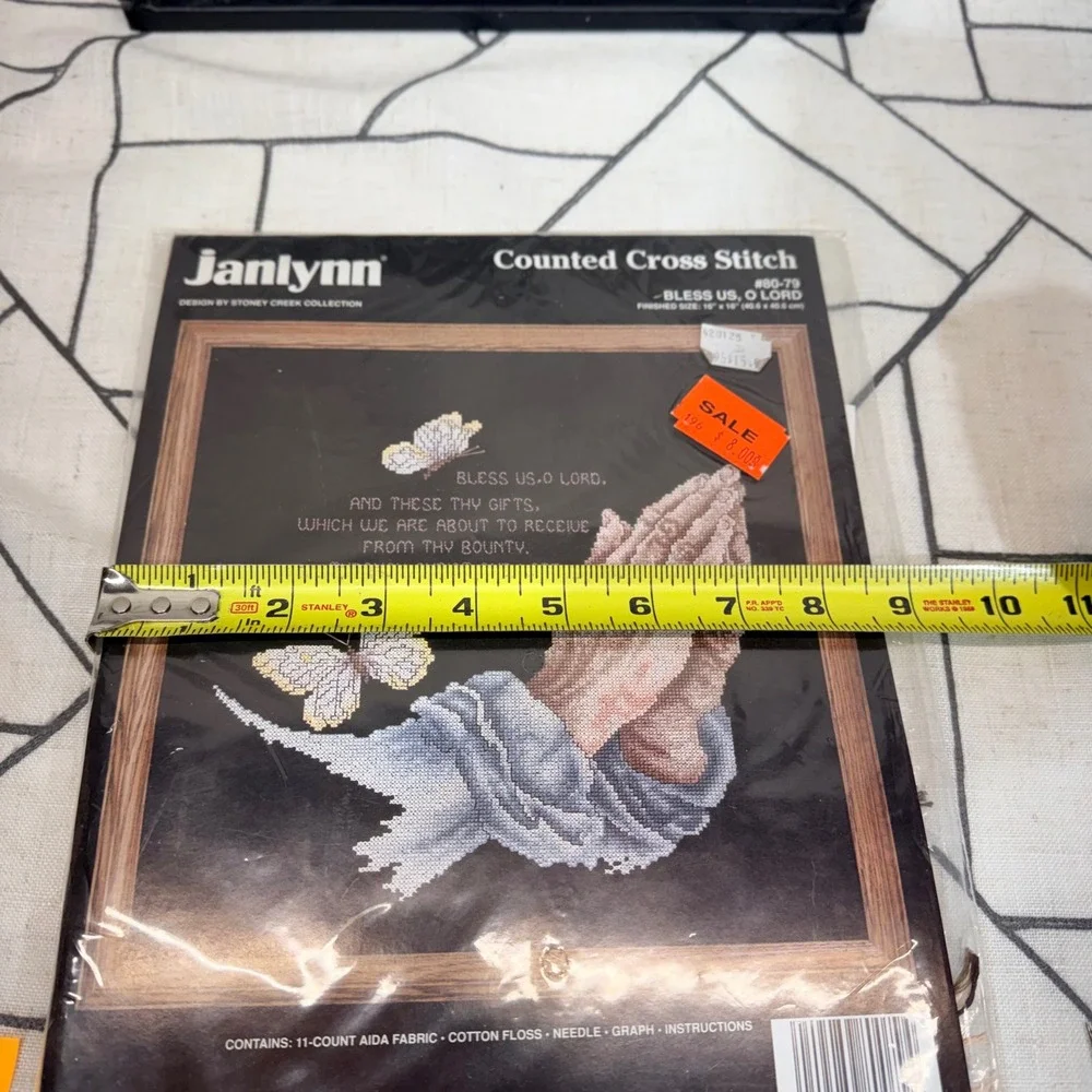 Janlynn‎ Cross Stitch Kit 16x16 Black Bless Us O Lord Praying Hands Vintage 1991